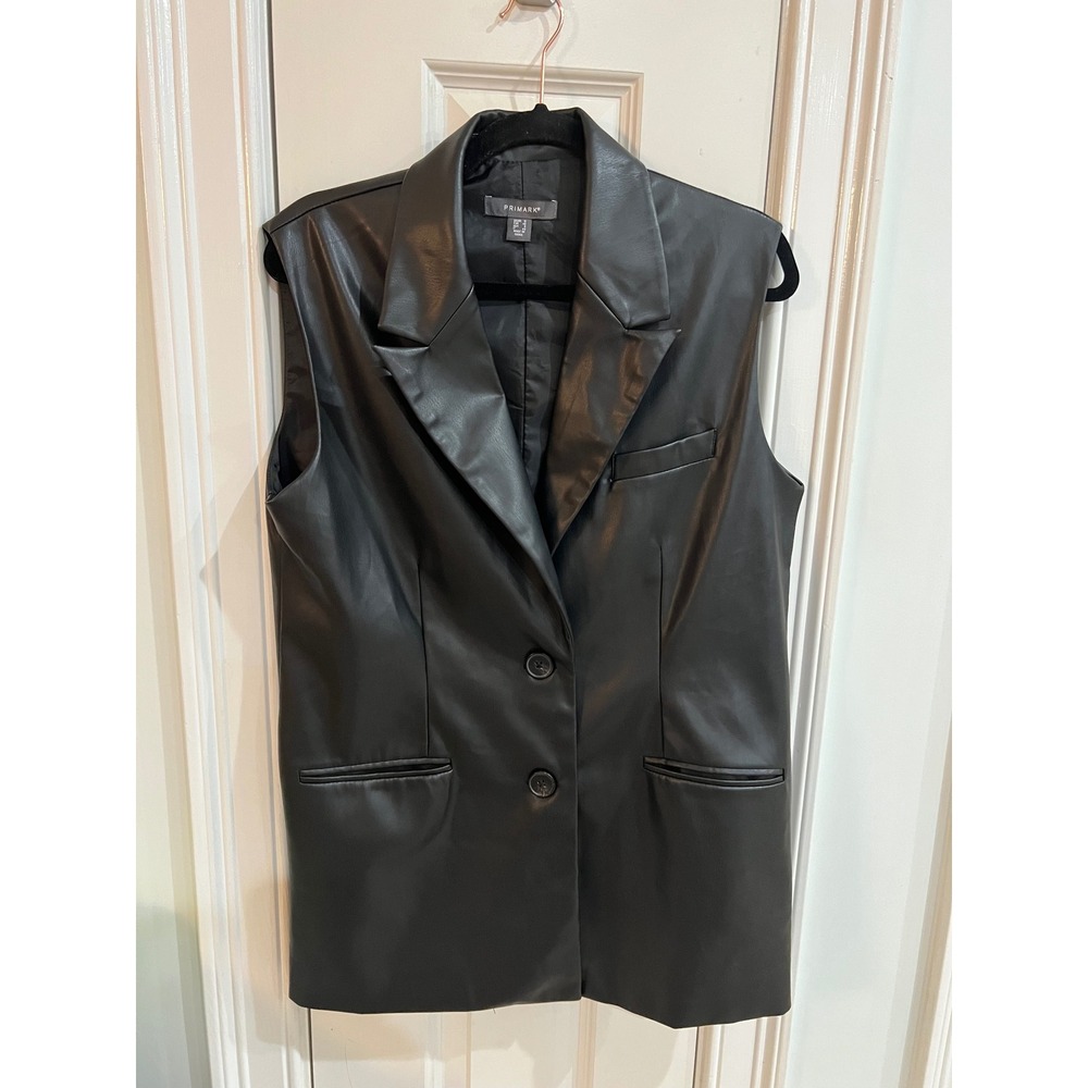 Primark Womens Black Faux Leather Longline Vest Sleeveless Blazer Size 8